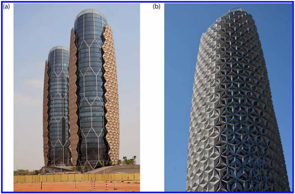 Figure 1. (a) Northern facade and (b) south facade of Al Bahr Towers, with some opened and closed shading devices – coordinates: 248 27’ 23” N, 548 24’ 4” E; alt: 3m (photo courtesy: Terry Boake)