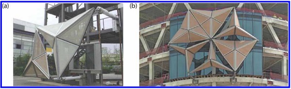 Figure 7. (a) A full-scale prototype of the mashrabiya undergoing mechanical testing at Yuanda’s facilities in Shenyang (Aeadas Architects Ltd) and (b) the onsite benchmark for six mashrabiyas.7