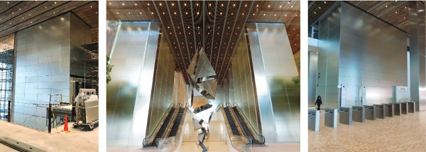 Left: glass installation (image courtesy Eureka); center and right: completed lobby