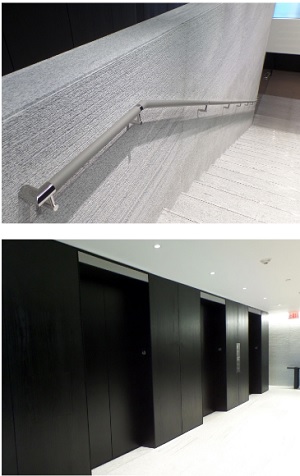 Leather-wrapped handrail; Elevator bank