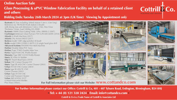 Cottrill & Co. Online Auction: Glass Processing & uPVC Window Fabrication Facility