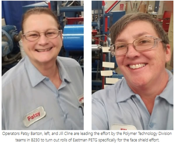 Eastman team members Patsy Barton and Jill Cline, operators in the company’s Polymers Technology Division, took the lead on rapid production of PETG film for the fabrication of face shields.