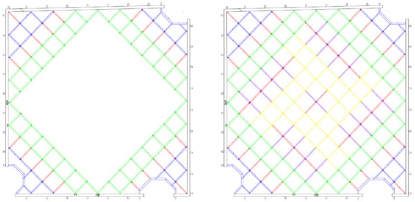 Figure 10: Frame division of structural steel, left: corner frames, right: total structure.