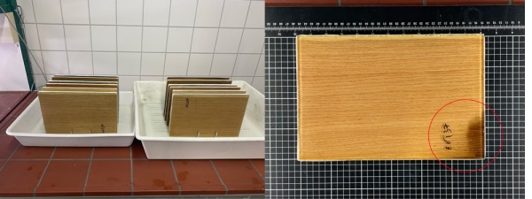 Figure 10 Left – Immersion test setup for durability with continuous exposure to water and disinfection; right – damaged veneer due to infiltration of the disinfection.
