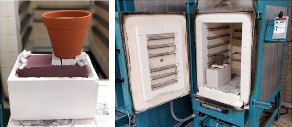 Fig. 10 Experimental set-up of the mould inside the kiln (left: Geometry 2, right: Geometry 3).