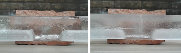 Figure 10c. Cast glass is produced by heating up the glass to its melting temperature and have it poured in a mold. Depending on the mold quality a more hazy or glossy result can be attained (Barou 2016).