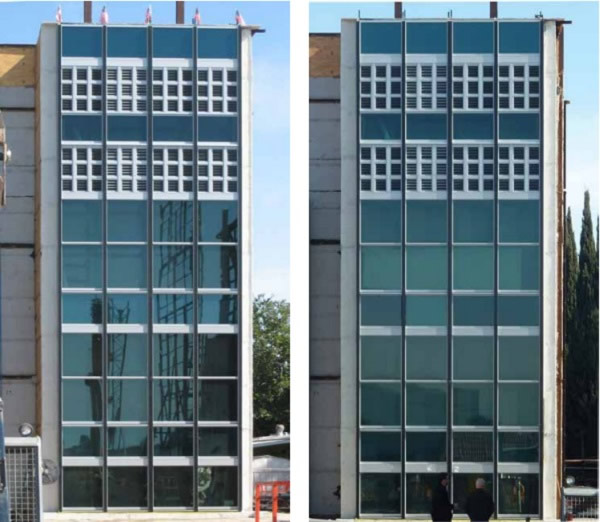 Figure 11 (left) Spandrel glass reflection exceeds that of vision glass.   Figure 12 (right) Trials of spandrel glass options with reduced reflectivity. From left to right along middle spandrel glass options: (1) simulation of historic monolithic glass, (2) insulating glass with clear inner lite, (3) and (4) insulating glass with gray inner lite and low-e coating. Note that appearance of (1) matches (3) and (4). 