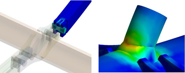 Figs. 11, 12 In-depth analysis of the typical connection of the east-west arches with the north-south struts (left), and the welded connection of the upstand to the east-west arches (Images: ANSYS).