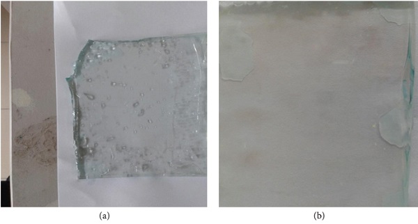 Figure 11   (a) Water droplets and water streaks appear on the bare glass surfaces. (b) The thin film layer of water is formed above the coated glass surface.