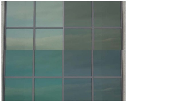 FIGURE 11: Examples of different exterior color aesthetics in EC glazing now available for designers to compliment the designer’s color palette for the building (from top left to bottom right – Classic, Gray, Green and Blue).
