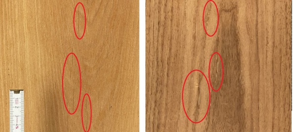 Figure 11 Cracks developed after lamination (right - walnut; left - larch).