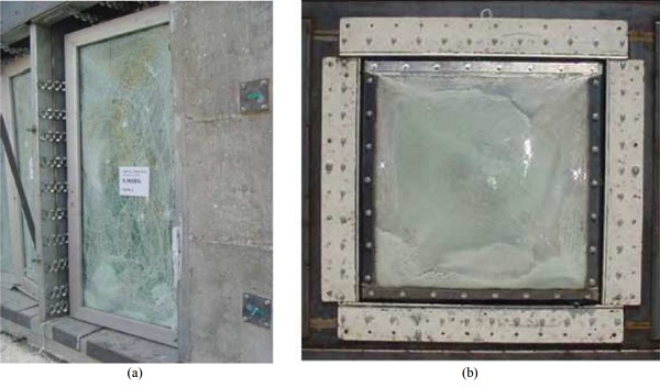 Fig. 12. Blast mitigation with new window frame system. (a) Punched windows with ‘sliding boundary’ (Zhang and Hao, 2015) and (b) damping chamber system (Trawinski et al., 2004)