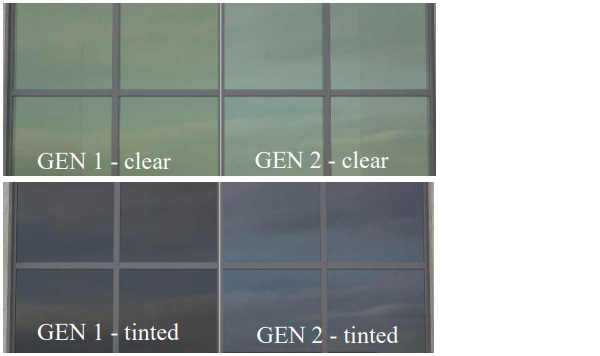 FIGURE 12: Example of the improved exterior aesthetic of the standard EC product on clear glass. Left column: First generation (GEN 1) product in clear (top image) and tinted (lower) states. Right column: New generation (GEN 2) EC in clear (top) and tinted (bottom) states.