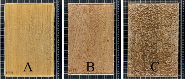 Figure 12 Air bubbles due to A, B- grooves; C- insufficient vacuum or temperature.