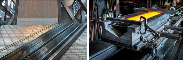 Fig. 12 The Ice Falls project (left) and the adjustable graphite moulds (right) used by the John Lewis Glass Studio for the casting of the components.