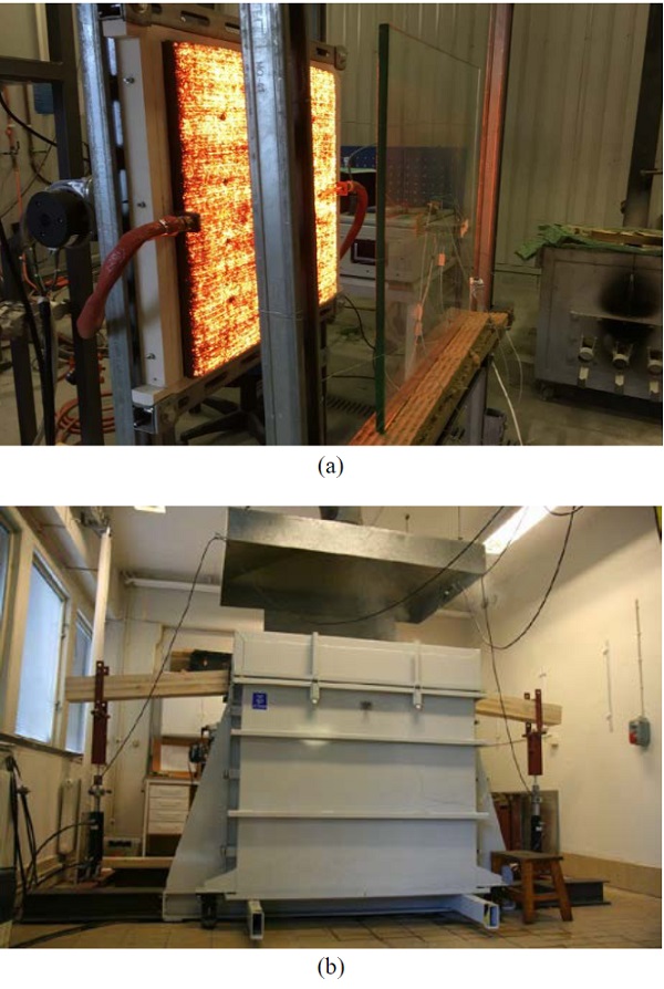 Fig. 12(a) Glass specimen test using radiant panel, (b) Horizontal furnace at RISE, Borås, Sweden.