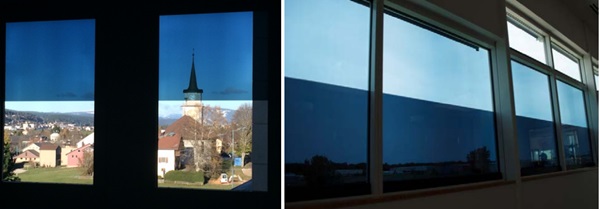 FIGURE 12: Examples of one of the new advances in EC glazing: In-pane zoning. The left image shows an EC product installed in a building with the top of each pane in a tinted state and the bottom of the pane in a higher transmittance state. The right image shows panes split into two zones, the lower part fully tinted and the top part partially tinted. Photographs courtesy of SAGE Electrochromics, Inc.