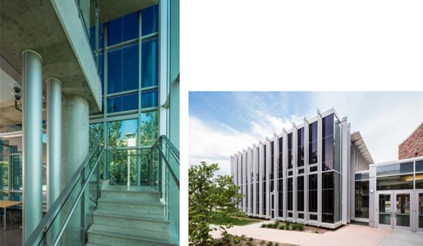 FIGURE 13: Interior and Exterior views of the Morgan Library at Colorado State University where EC glazing has been installed in a modern glass cube design to tame the intense western sun. The interior view shows the glass being controlled in two zones. The upper zone is in the fully tinted state whilst the lower zone is in an intermediate transmission state.