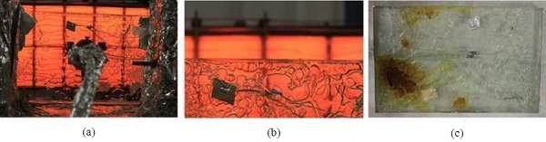 Fig. 13 Reaction of the interlayer material for configuration 6106.4 PVB: (a) gas formation in the interlayer closest to the exposure, (b) the interlayer starts liquefying and (c) the discoloured interlayer safter exposure (Debuyser et al. 2017).