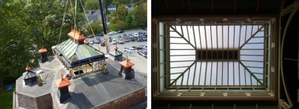FIGURE 16: St. Johnsbury Athenaeum skylight renovation using triple pane EC glass with a textured inboard lite to match the look of the original glass. The EC installation provides excellent energy performance, as well as fading protection and thermal comfort