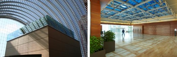 FIGURE 17: The exterior and interior views of the Dorrance H. Hamilton roof top garden in the Kimmel Center for the Performing Arts. EC glass is used in the roof to control the heat gain and provide a comfortable space year-round.