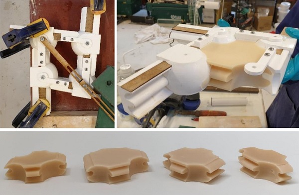 Fig. 17 Top: Set-up of the adhstable mould for wax prototype. Bottom: Cast was prototypes of different sizes produced by the same mould.