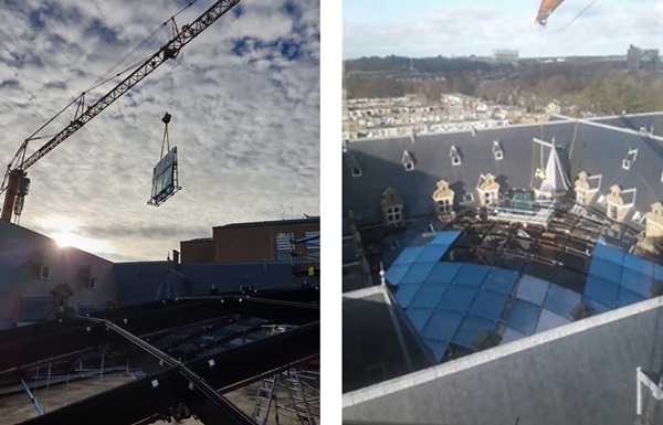 Figure 19: Left: hoisting of a stillage over the building to the loading platform, right: hoisting glass from the loading platform in its place.
