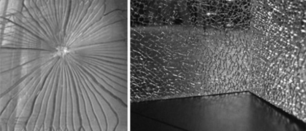 Figure 1. Typical crack pattern of heat-strengthened glass (left) [24] and tempered glass (right) [25]
