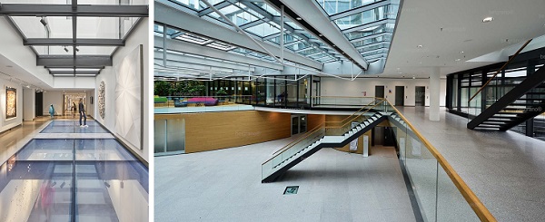 Fig. 1 Glass floor in 21c Museum Hotel in Nashville made of fire resistant glazing, ©Mike Schwartz Photography (left); glass roof made of fire resistant glazing and foyer of the Arabeska building in Munich, ©Besco GmbH