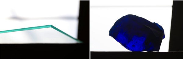 Fig. 1: Demonstration of volume color as seen on the edge of a piece of clear float glass and a monochromatic variable form of colored glass.