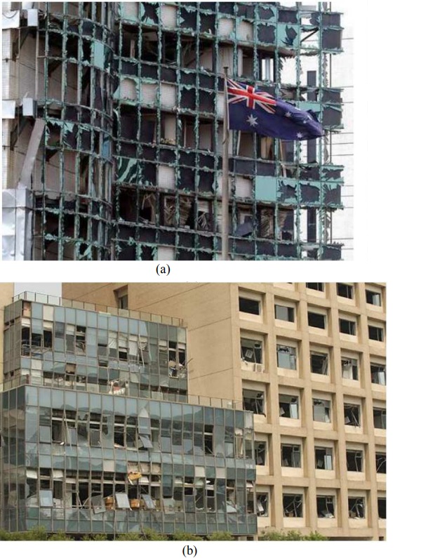 Fig. 1. Shattered glass windows. Examples referred to (a) the Australian Embassy in Jakarta, 2004 (photo by AP) and (b) Tianjin (China) explosive event, 2015, with evidence of framing systems ejection (photo by Wang Zhuangfei/China Daily) 