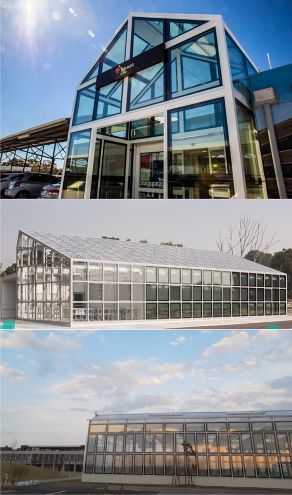 Fig. 1 High-transparency ClearVue solar windows deployed in commercial property-based and agricultural R&D and production facilities. Top: shopping centre atrium incorporating PV windows installed in 2019 in Perth, Australia; Middle: solar glazing-based greenhouse installation (2021) at Murdoch University (Perth, Australia); Bottom: wall of solar windows installed at a commercial greenhouse built in Sendai, Japan (image reproduced from Tomita Technologies website, 2022).