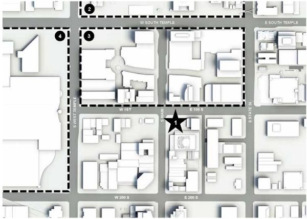Figure 1 – Site Plan: 1. 111 Main Tower; 2. Temple Square; 3. City Creek; 4. Museum and Convention Center