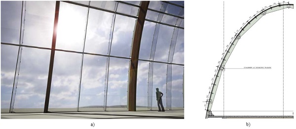 Fig. 2a) and b) Architectural render of the wooden beamsat the building top floors and elevation drawing of the glass fins [Podufal-Wiehofsky, Octatube].