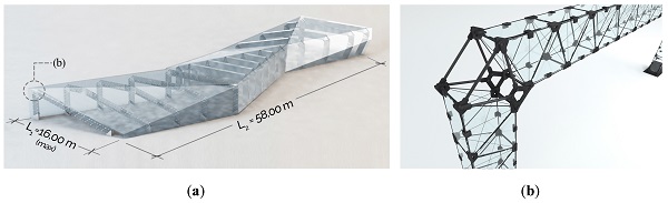 Figure 2. The Energy Gallery pilot project [29]: (a) overall view; (b) portal frame and beam-to-column connection. Main dimensions: L1 = various (16.00 m max); L2 = 58.00 m; H=various (6.50 m max).