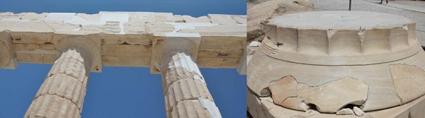 Fig.2: The columns of the Parthenon (left) employ a dry-assembly, interlocking system where wooden pins are placed in the central alcove of each drum (right) to align the structure. Overall stability is ensured by the own weight of the structure.