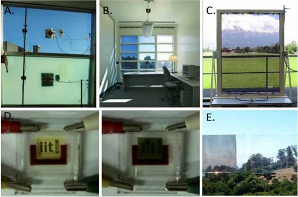 Figure 2. View of different smart glazing technologies: A) thermo-tropic, B) electro-chromic, C) Fluidglass, d) Photo-Volta-Chromic, e) Tunable Visible-Infrared Reflector