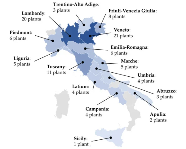 Figure 3. Geographical distribution of the 103 Italian glass plants constituting the referring sample.