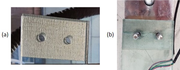 Fig. 3: (a) GFRP reinforced glass specimen (note: prior to fabricating the bolted joint) and  (b) glass did not fracture fully across the width of the glass in the reinforced glass–bolted joints