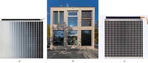 Figure 5. Facade test facility at the University of Stuttgart: b) south facade with substructured switchable glazing units in two test rooms on the ground floor (right: module type 1 a), left: module type 2 c))