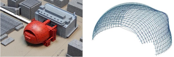 Figs. 6, 7 Wind Testing Model at RWDI laboratories (left) and diagram of deflections (magnified) caused by wind loading (right). Images: RWDI, Knippers Helbig.