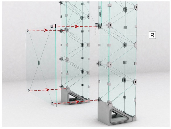 Figure 7. Hybrid longitudinal wall bracing system: R—point fixing of the panel corners to the TVTγ-bis nodes by means of pole-and-plate devices.