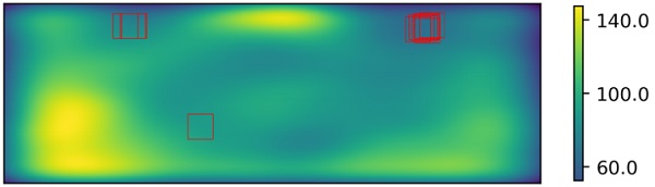 Figure 7. Heatmap of fragment distribution for 4 mm sample and red rectangles showing the freely chosen regions in the experiment. 
