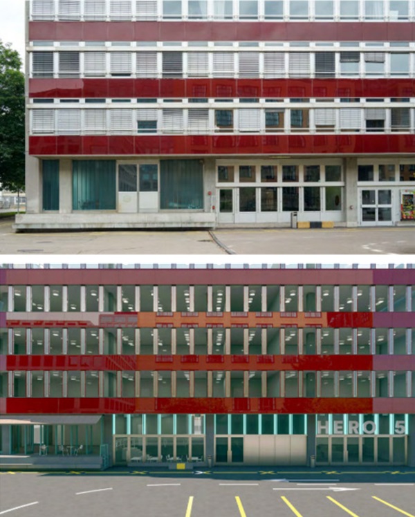 Fig. 8: Left: original façade, right: rendering of refurbished façade with glass reuse ® Ekinci Architekten GmbH.