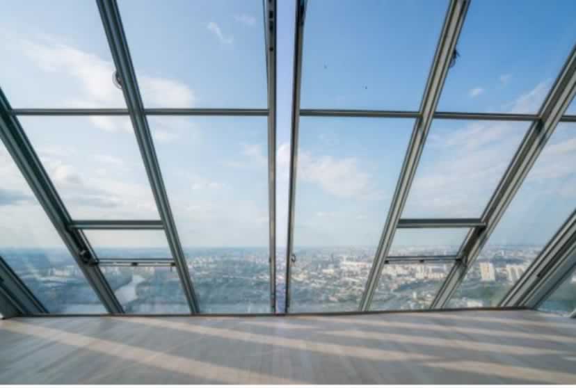 Electrically heatable FGL Heated glass on top and sloped areas. Mercury City Tower, Moscow. Customer Josef Gartner GmbH Germany