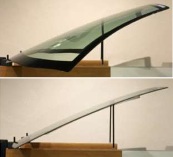 Top: Complex three-dimensional windshield made with advanced press bending method | Bottom: Conventional windshield