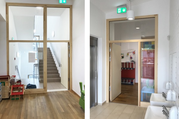 POLFLAM® fire-resistant glass in the door and wooden windows with natural finishing at the school premises in Kayl, Luxembourg