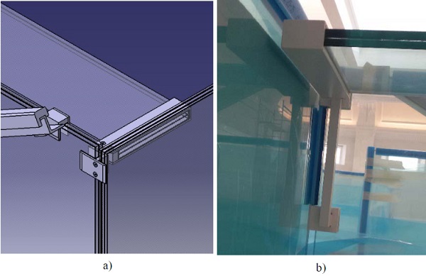 Fig. 10a) Detail of the extremity connection of the laminated glass fin, b) Photograph.