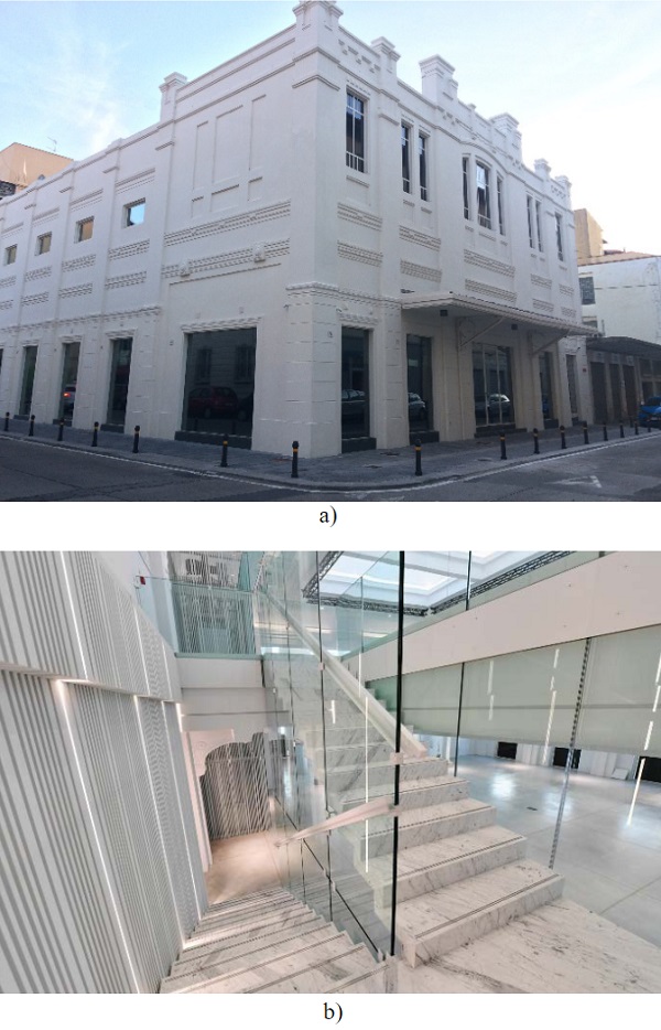 Fig. 1a) Photograph of the front of the building, b) photograph of the staircase.