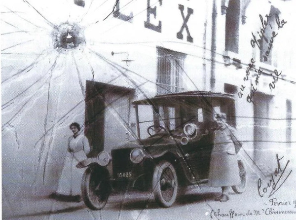 In February 1919, a Triplex windscreen protected Prime Minister Clémenceau and his driver from an assassin’s bullet. (Mr. Coujat (driver) wrote: “Triplex glass saved my life”)  Courtesy of Saint Gobain